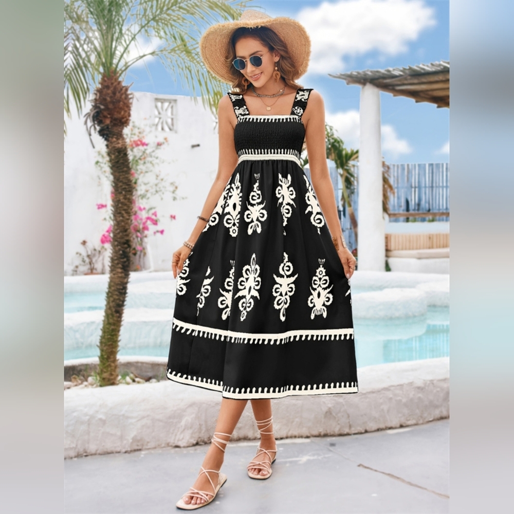 Elegant Smocked Bodice Contrasting Chic Sleeveless Summer Boho Midi Dress Black